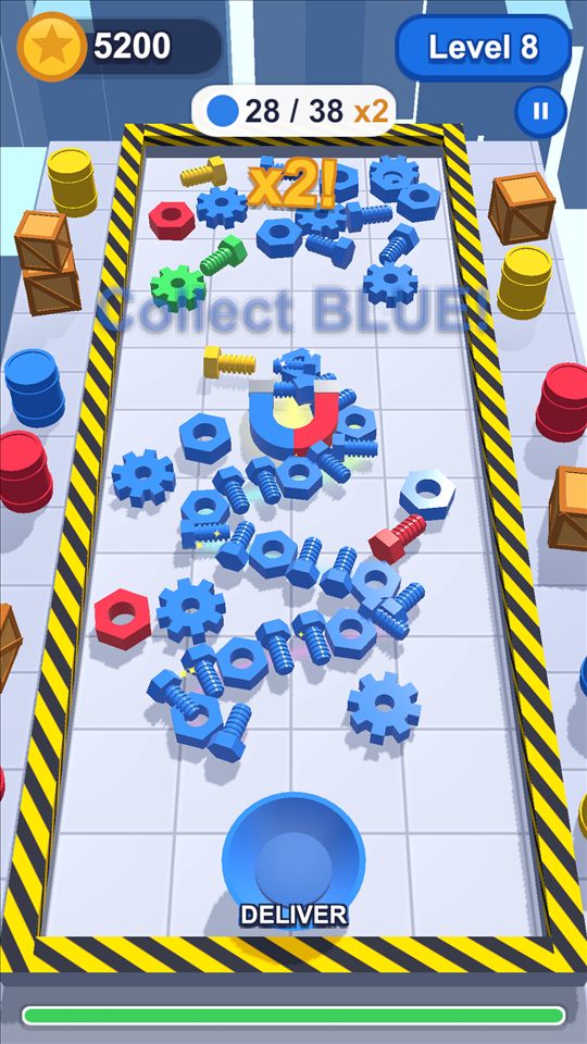 Magnet Snake Sort: a magnet pulling a chain of blue bolts